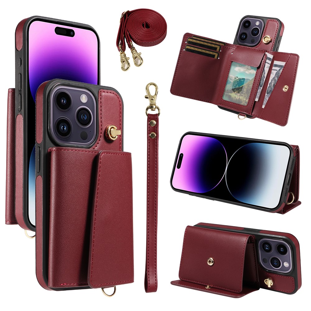 For iPhone 14 Pro Max Crossbody Wallet Phone Case Multi Card Slots Photo Frame Long Strap 1.2M - Wine Red