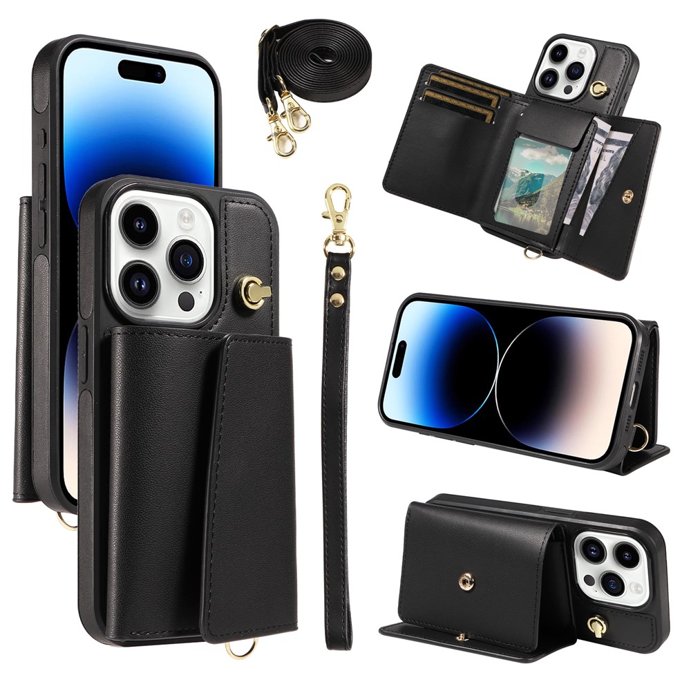 For iPhone 14 Pro Crossbody Phone Case Card Holder Kickstand Leather Coated TPU Mobile Cover - Black