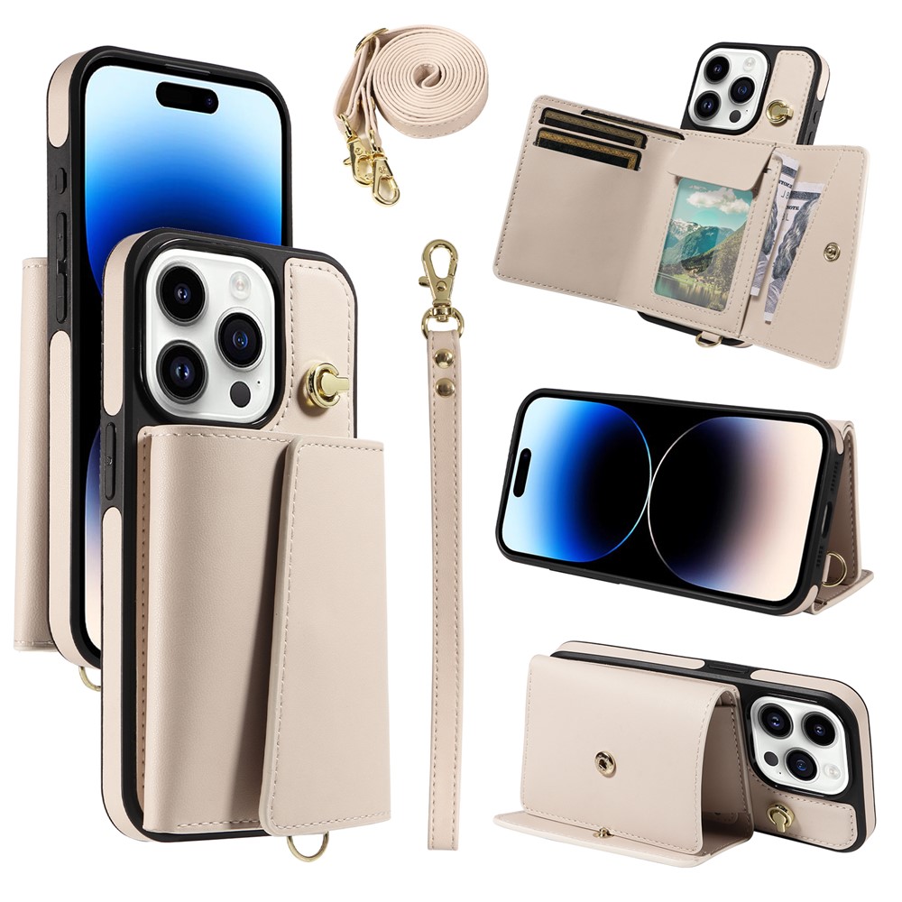For iPhone 14 Pro Crossbody Phone Case Card Holder Kickstand Leather Coated TPU Mobile Cover - Beige