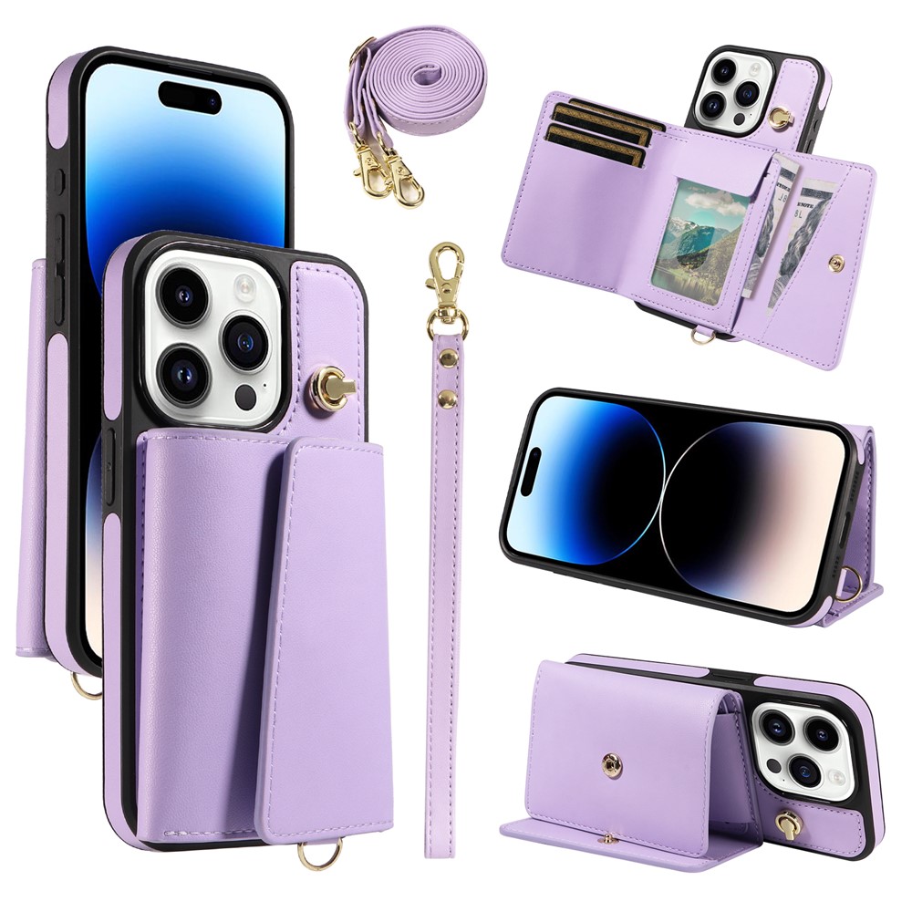 For iPhone 14 Pro Crossbody Phone Case Card Holder Kickstand Leather Coated TPU Mobile Cover - Purple
