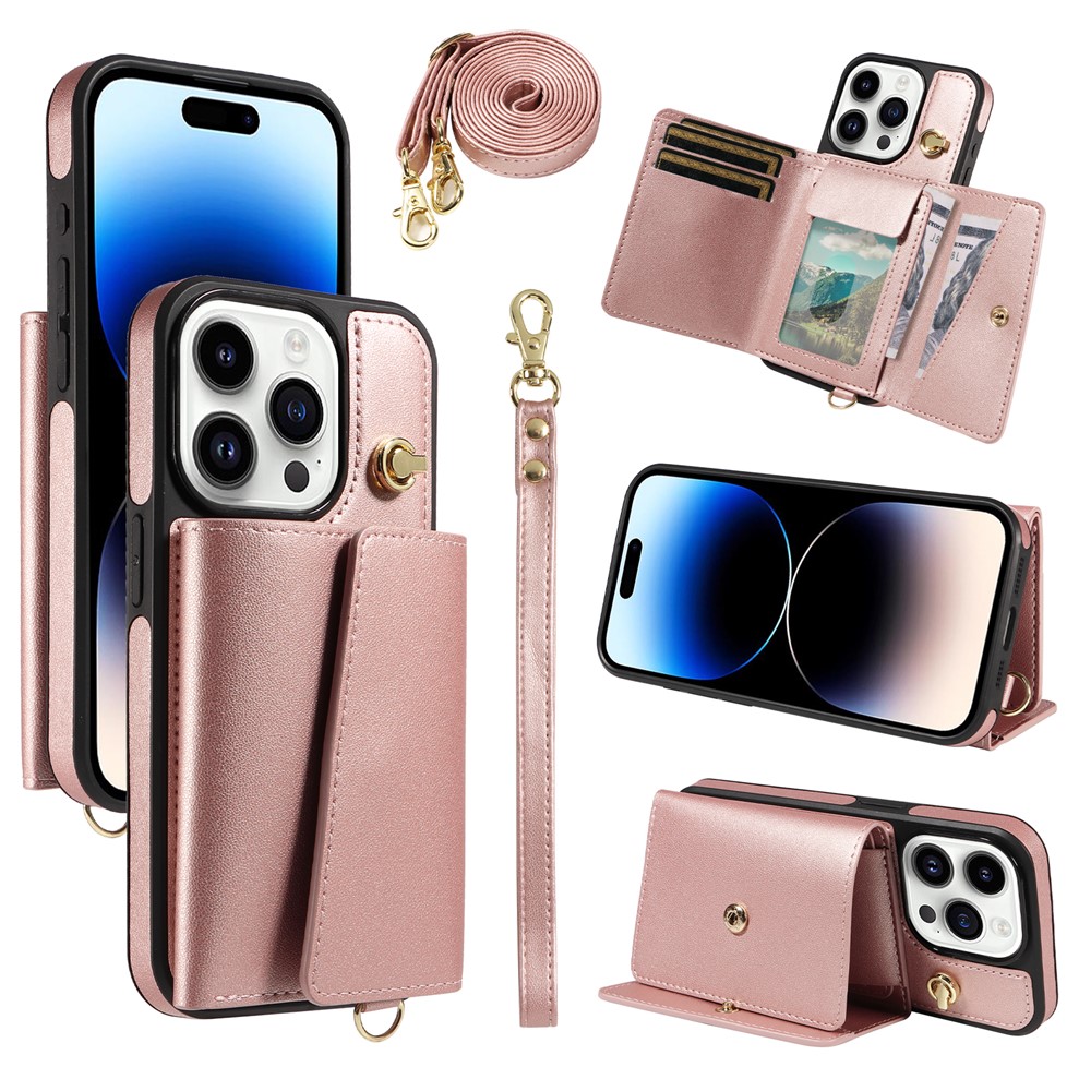 For iPhone 14 Pro Crossbody Phone Case Card Holder Kickstand Leather Coated TPU Mobile Cover - Rose Gold