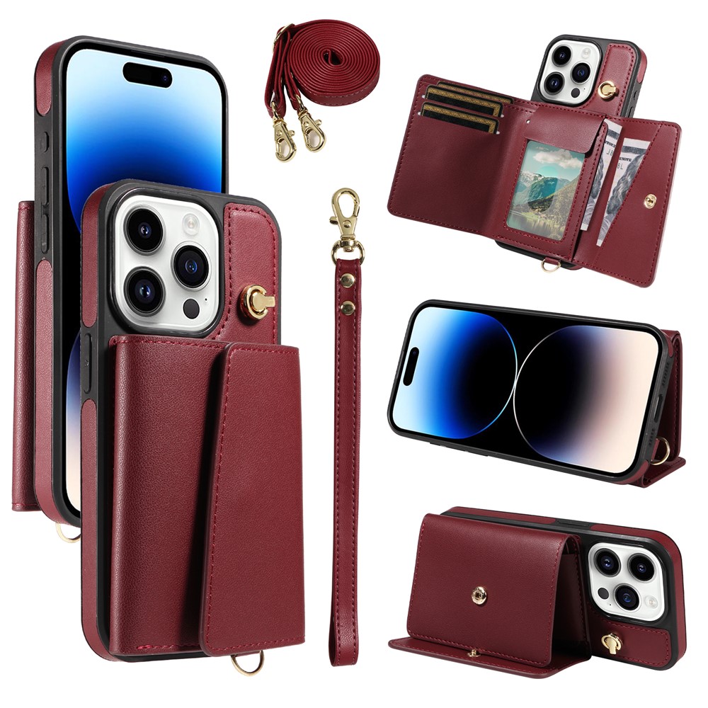 For iPhone 14 Pro Crossbody Phone Case Card Holder Kickstand Leather Coated TPU Mobile Cover - Wine Red