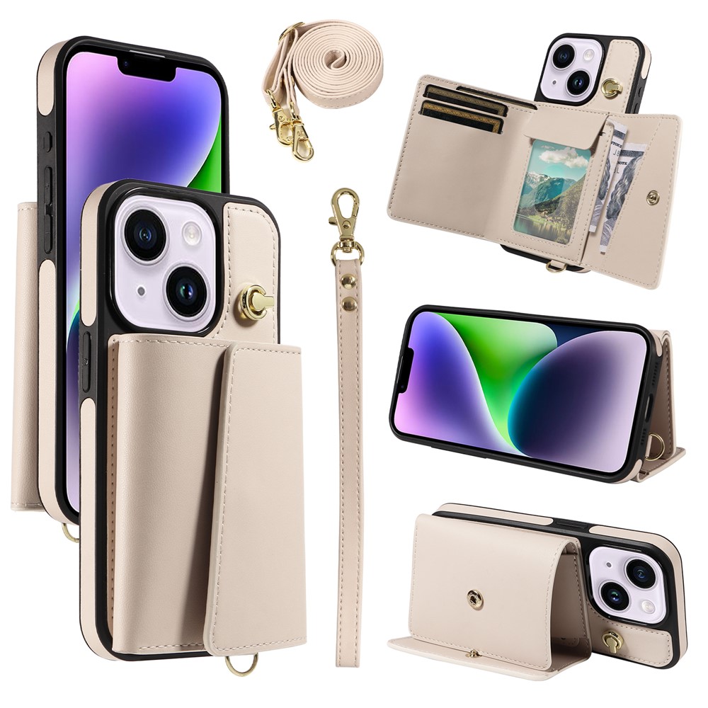 For iPhone 15 Plus / 14 Plus Crossbody Phone Case Card Holder Kickstand Leather Coated TPU Mobile Cover - Beige