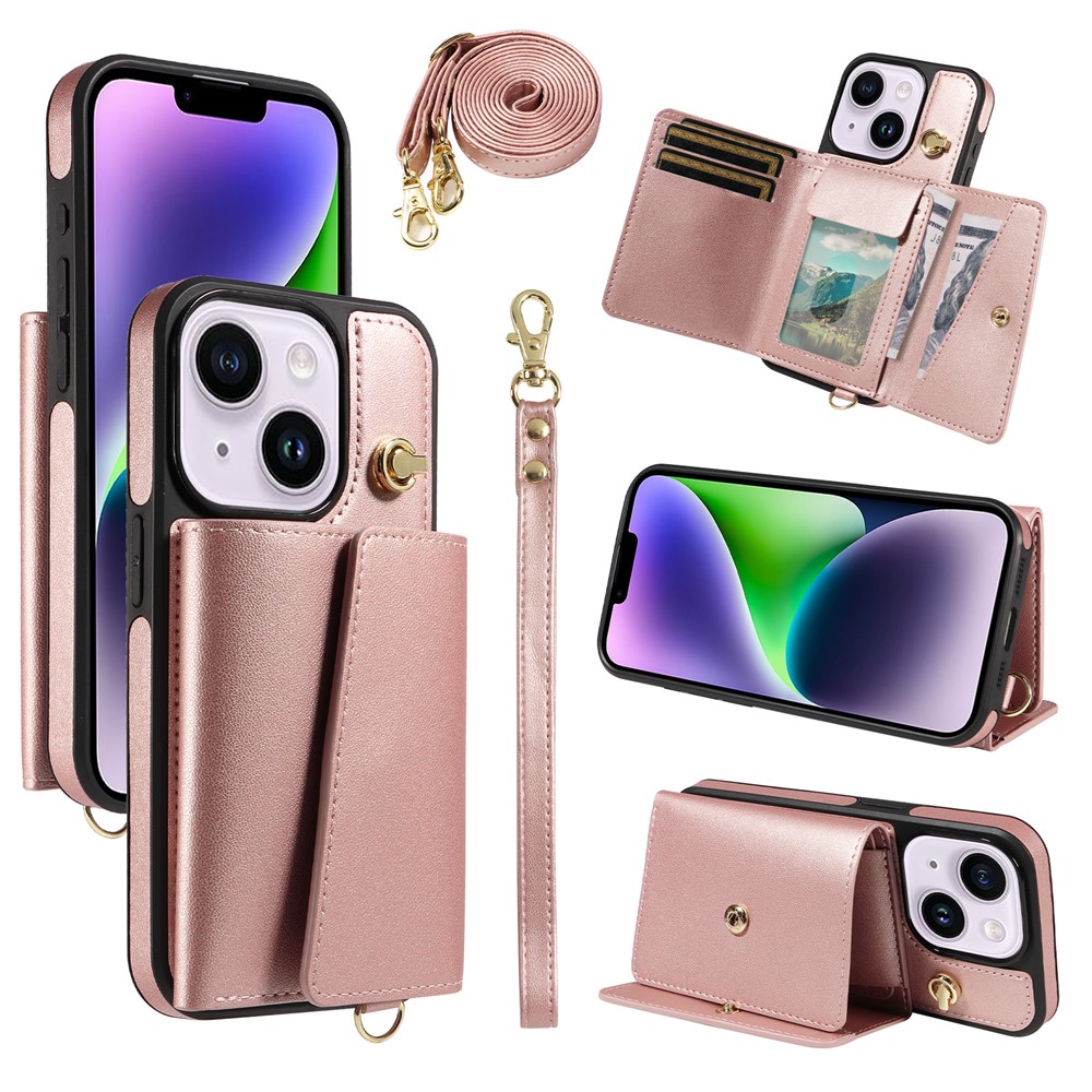 For iPhone 15 Plus / 14 Plus Crossbody Phone Case Card Holder Kickstand Leather Coated TPU Mobile Cover - Rose Gold