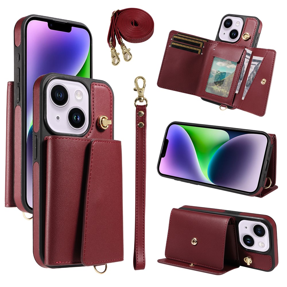 For iPhone 15 Plus / 14 Plus Crossbody Phone Case Card Holder Kickstand Leather Coated TPU Mobile Cover - Wine Red