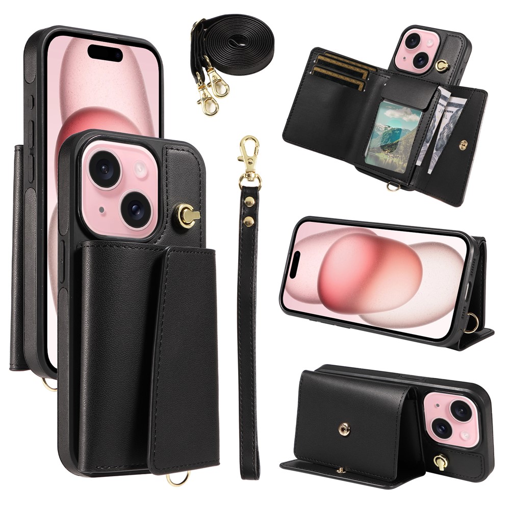 For iPhone 15 Crossbody Phone Case Card Holder Kickstand Leather Coated TPU Mobile Cover - Black