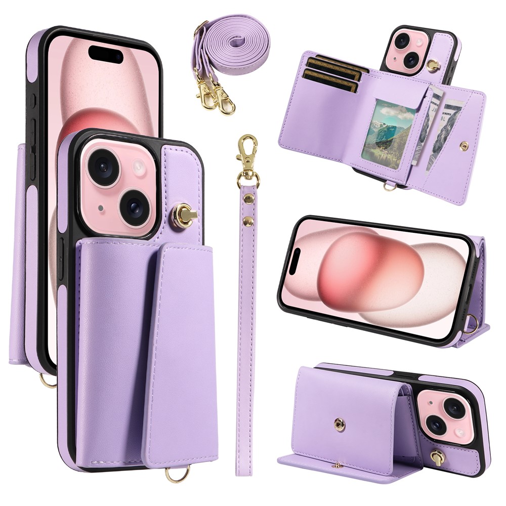 For iPhone 15 Crossbody Phone Case Card Holder Kickstand Leather Coated TPU Mobile Cover - Purple