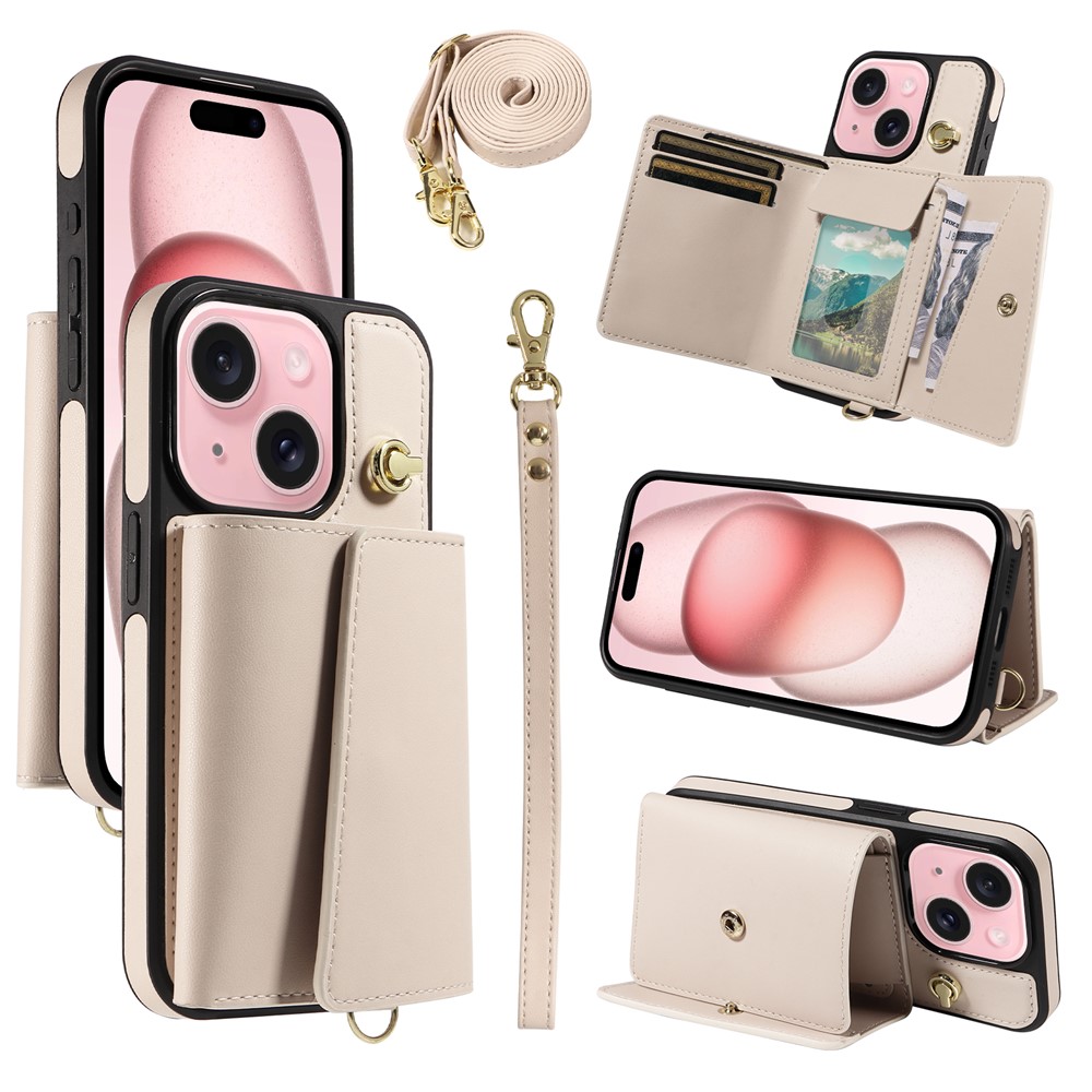 For iPhone 15 Crossbody Phone Case Card Holder Kickstand Leather Coated TPU Mobile Cover - Beige