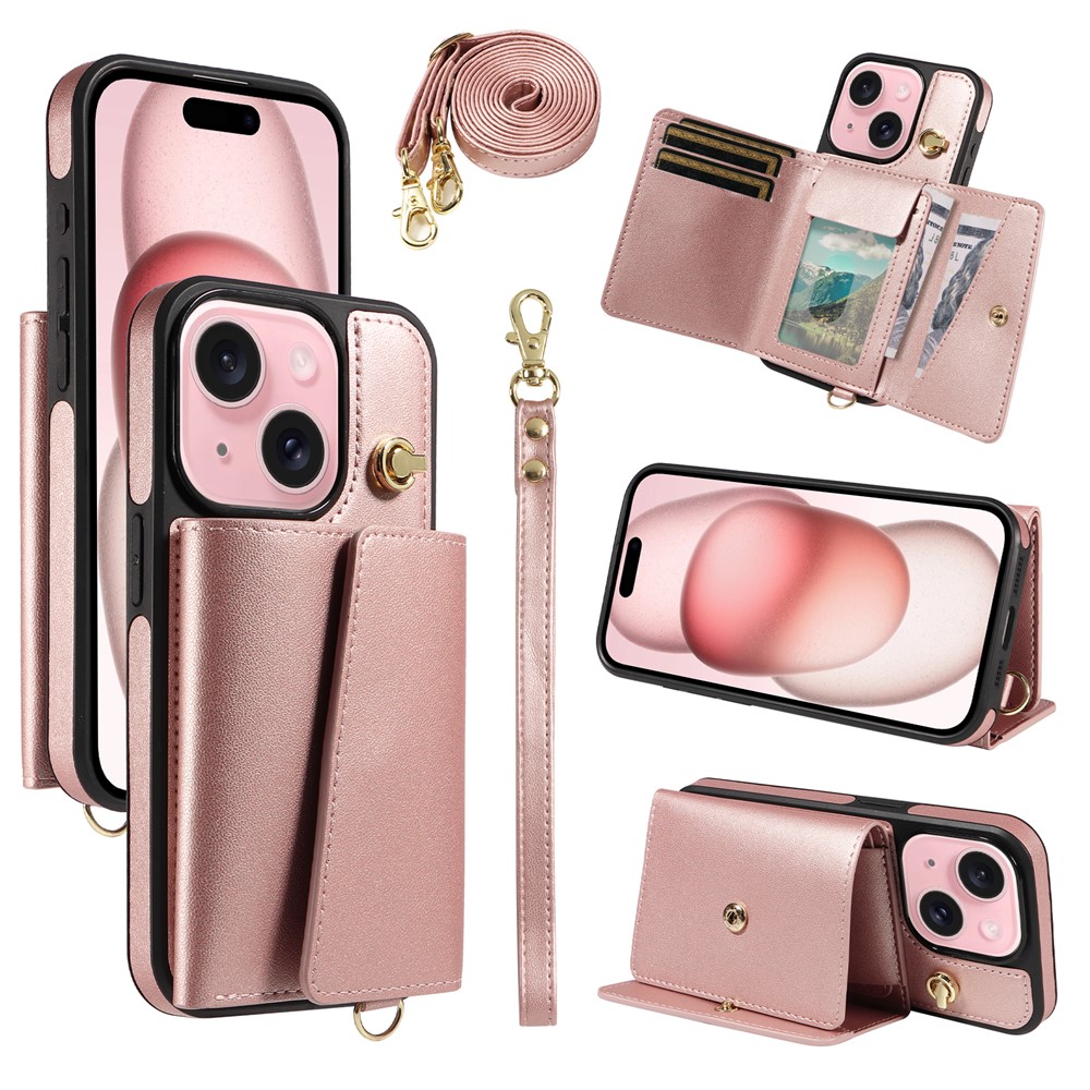 For iPhone 15 Crossbody Phone Case Card Holder Kickstand Leather Coated TPU Mobile Cover - Rose Gold