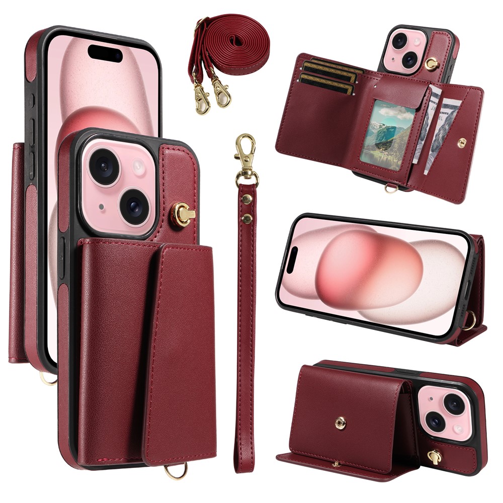 For iPhone 15 Crossbody Phone Case Card Holder Kickstand Leather Coated TPU Mobile Cover - Wine Red
