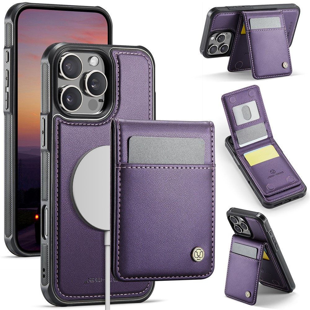 For iPhone 16 Pro Leather Back Cover Compatible with MagSafe JEEHOOD J06 Phone Case with Card Bag RFID Blocking - Purple