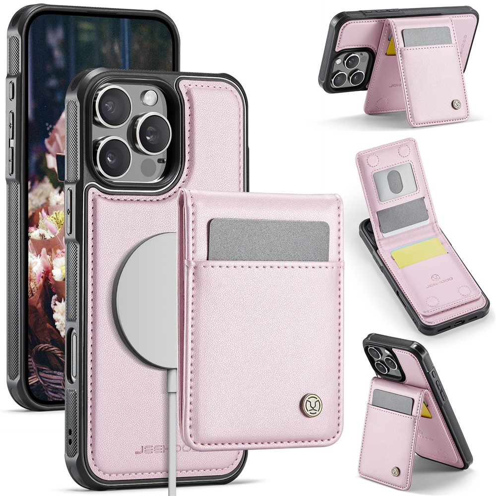 For iPhone 16 Pro Leather Back Cover Compatible with MagSafe JEEHOOD J06 Phone Case with Card Bag RFID Blocking - Pink