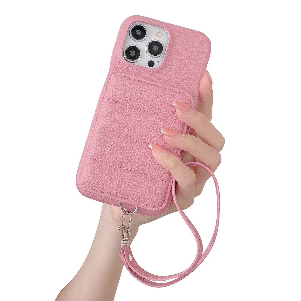 For iPhone 14 Pro Case Card Slots Kickstand PU Leather + PET Phone Cover with Wrist Strap - Pink
