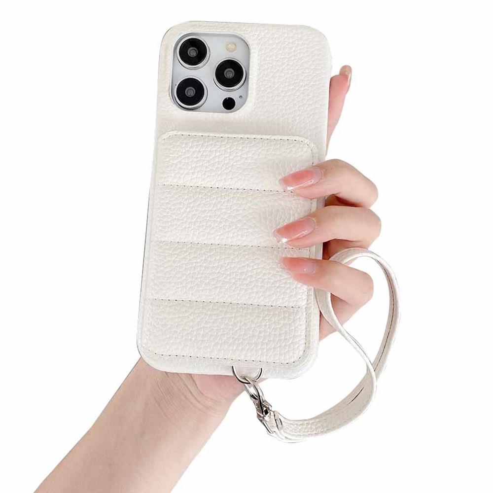 For iPhone 14 Pro Case Card Slots Kickstand PU Leather + PET Phone Cover with Wrist Strap - White
