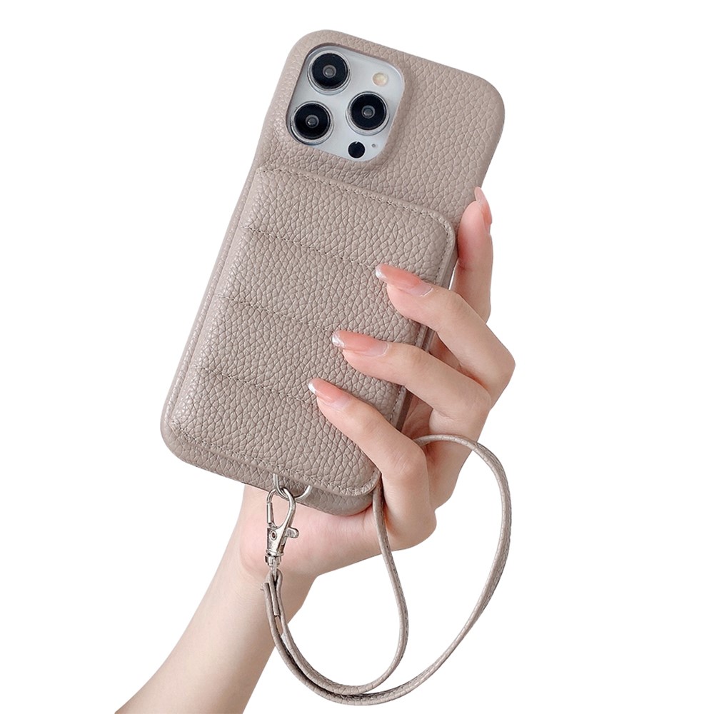 For iPhone 14 Pro Case Card Slots Kickstand PU Leather + PET Phone Cover with Wrist Strap - Grey