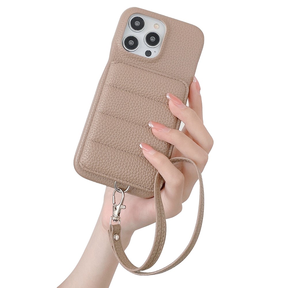 For iPhone 14 Pro Case Card Slots Kickstand PU Leather + PET Phone Cover with Wrist Strap - Light Brown
