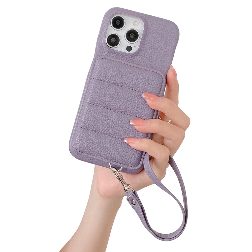 For iPhone 14 Pro Case Card Slots Kickstand PU Leather + PET Phone Cover with Wrist Strap - Purple