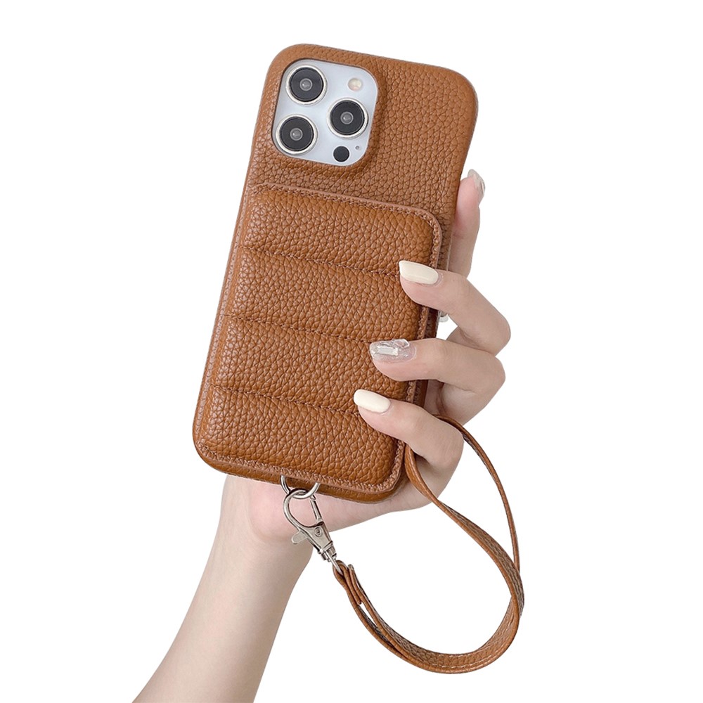 For iPhone 14 Pro Case Card Slots Kickstand PU Leather + PET Phone Cover with Wrist Strap - Dark Brown