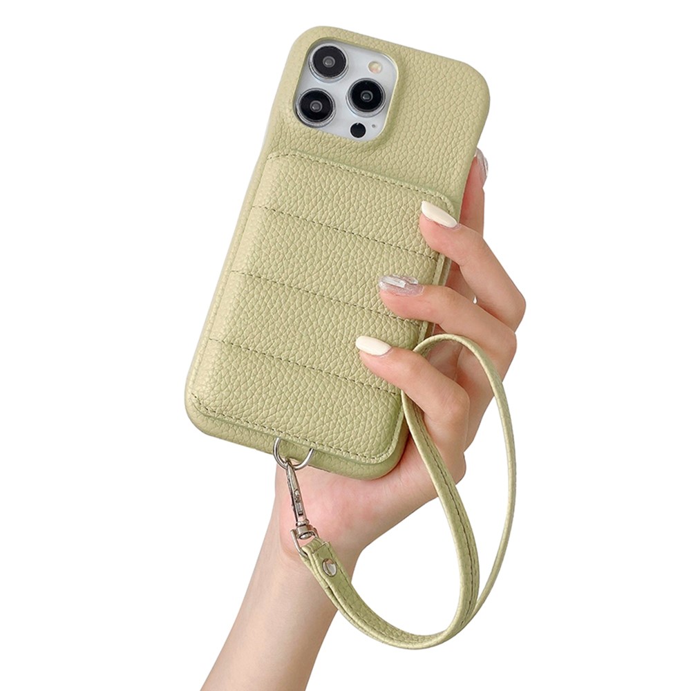 For iPhone 14 Pro Max Case Card Slots Kickstand PU Leather + PET Phone Cover with Wrist Strap - Green