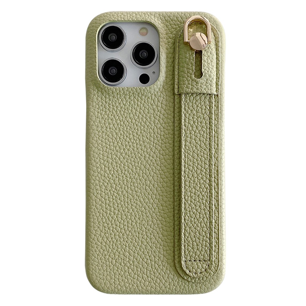 For iPhone 14 Pro Max Case Wristband Kickstand PU Leather + PET Phone Cover - Green