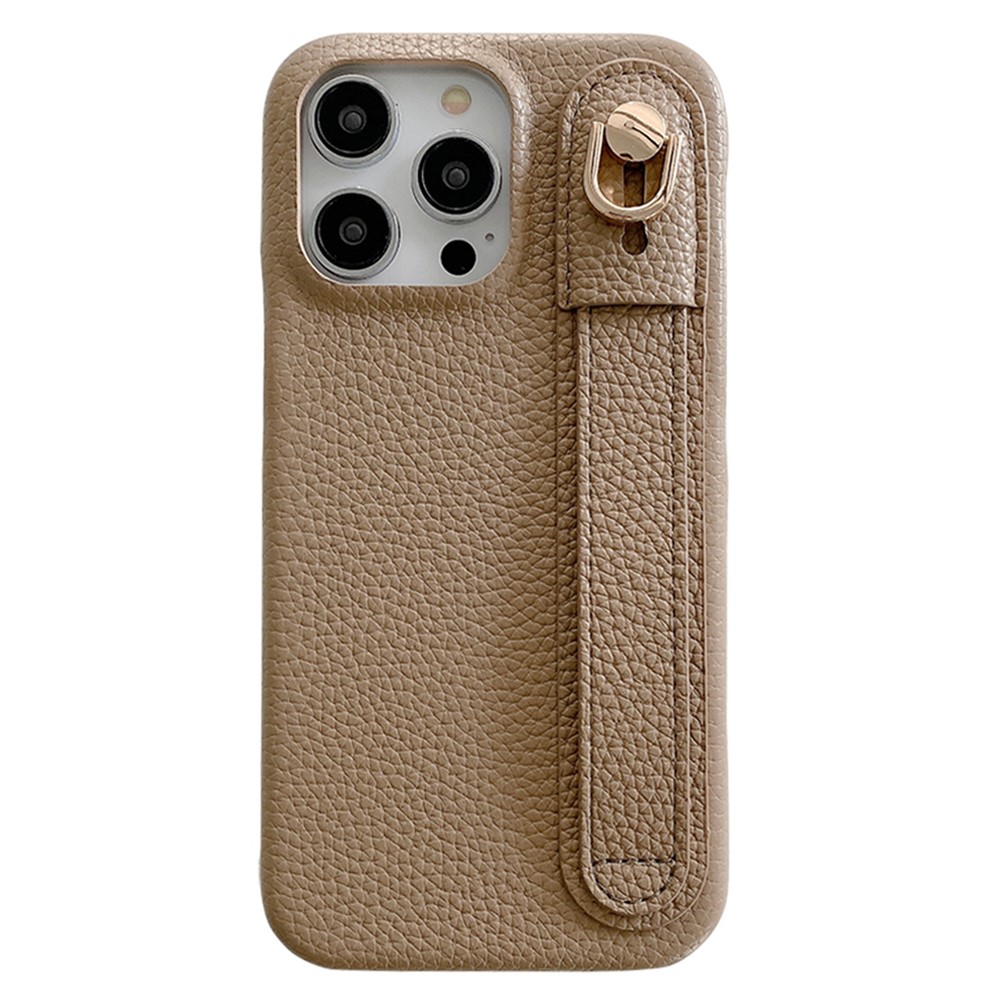 For iPhone 14 Pro Max Case Wristband Kickstand PU Leather + PET Phone Cover - Light Brown