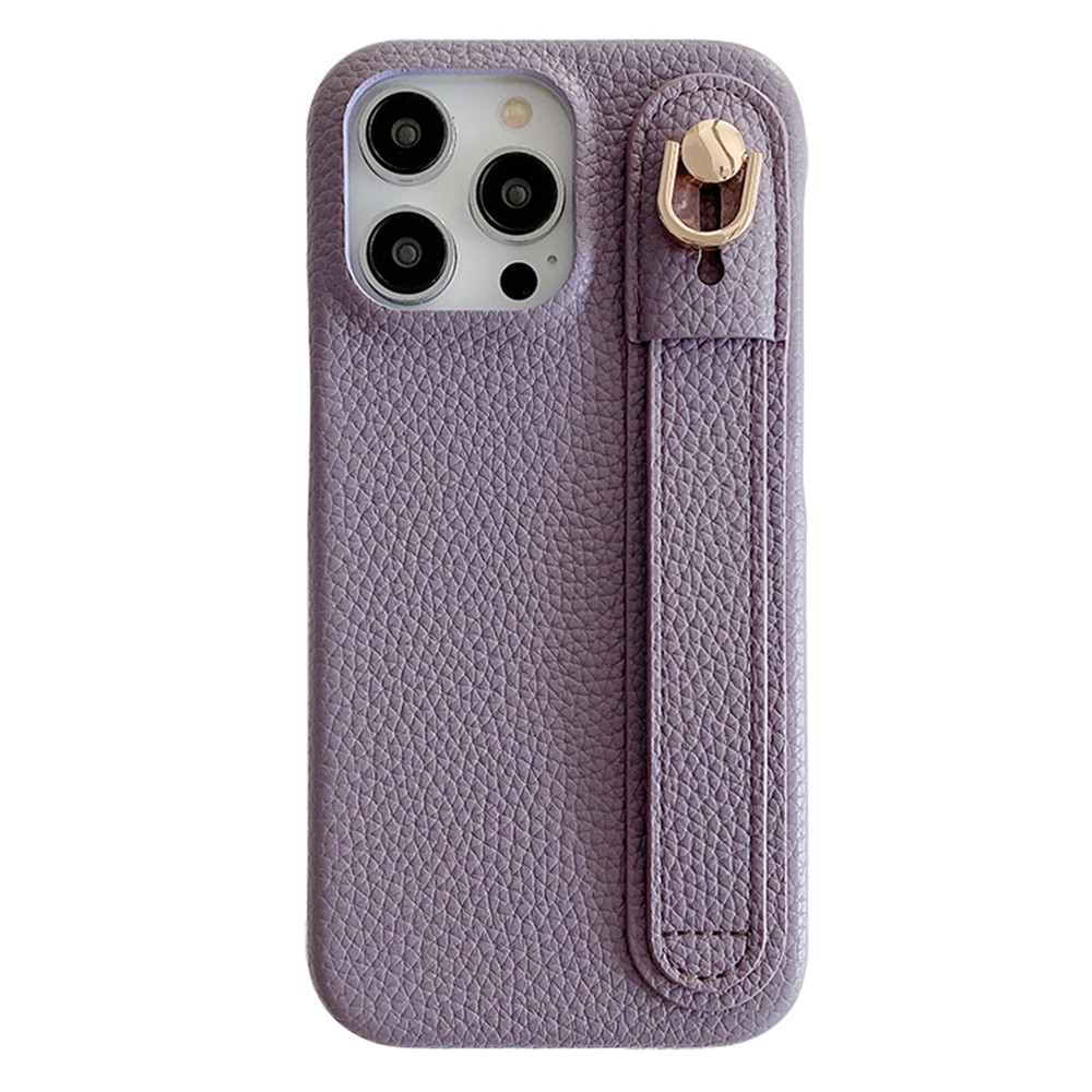 For iPhone 14 Pro Max Case Wristband Kickstand PU Leather + PET Phone Cover - Purple