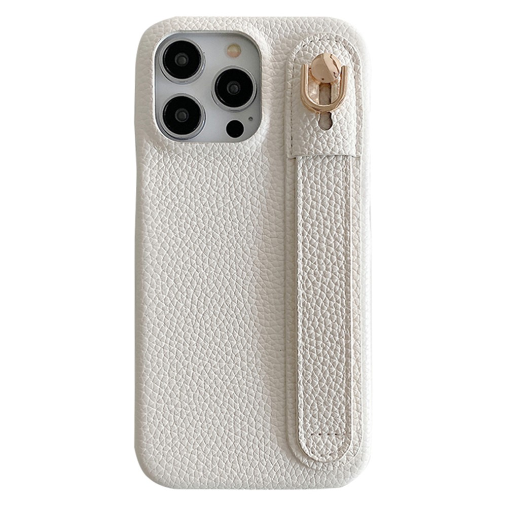 For iPhone 14 Pro Case Wristband Kickstand PU Leather + PET Phone Cover - White