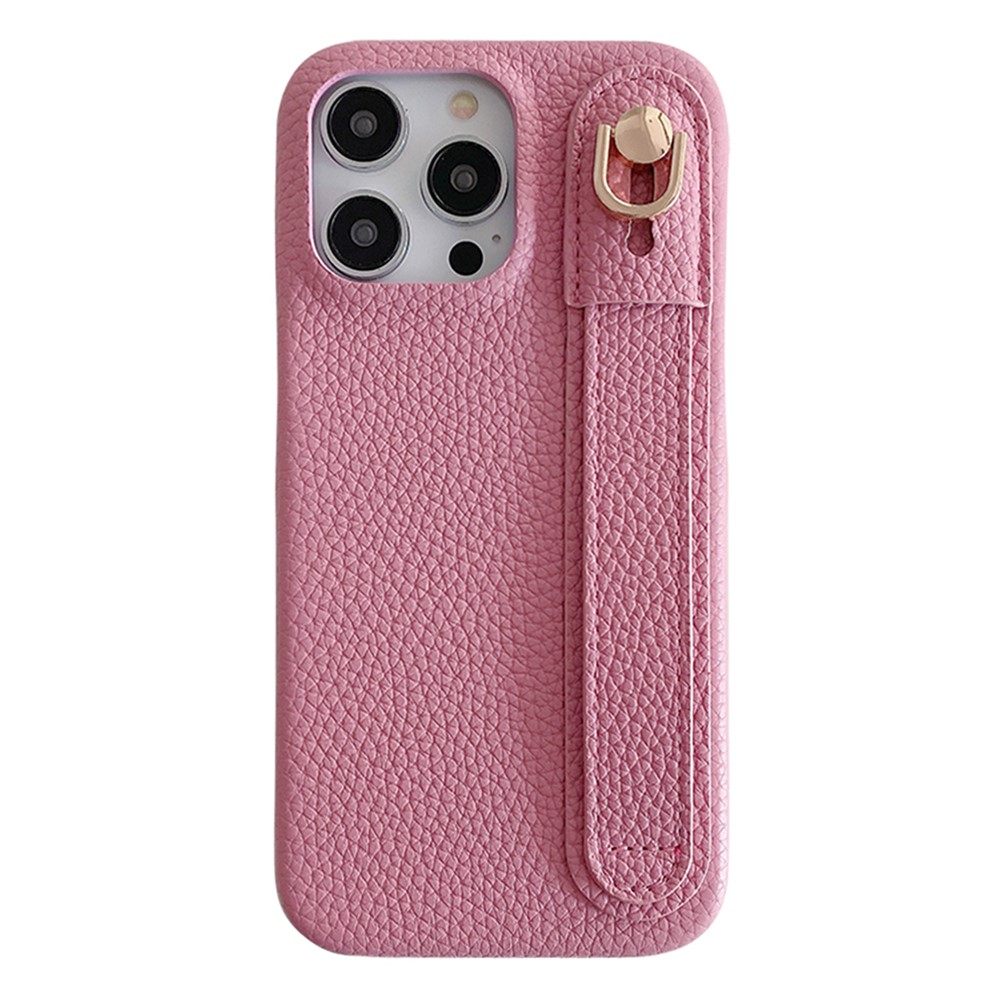 For iPhone 14 Pro Case Wristband Kickstand PU Leather + PET Phone Cover - Pink