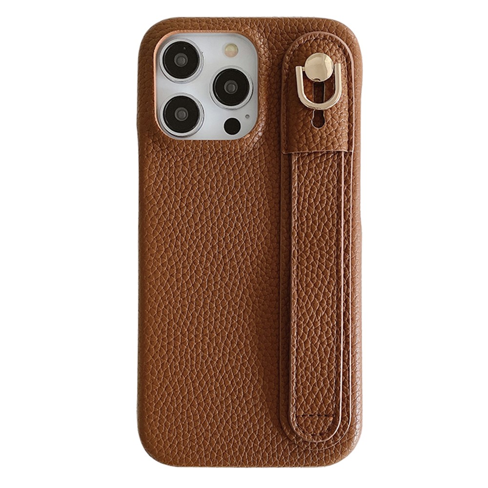 For iPhone 14 Pro Case Wristband Kickstand PU Leather + PET Phone Cover - Dark Brown