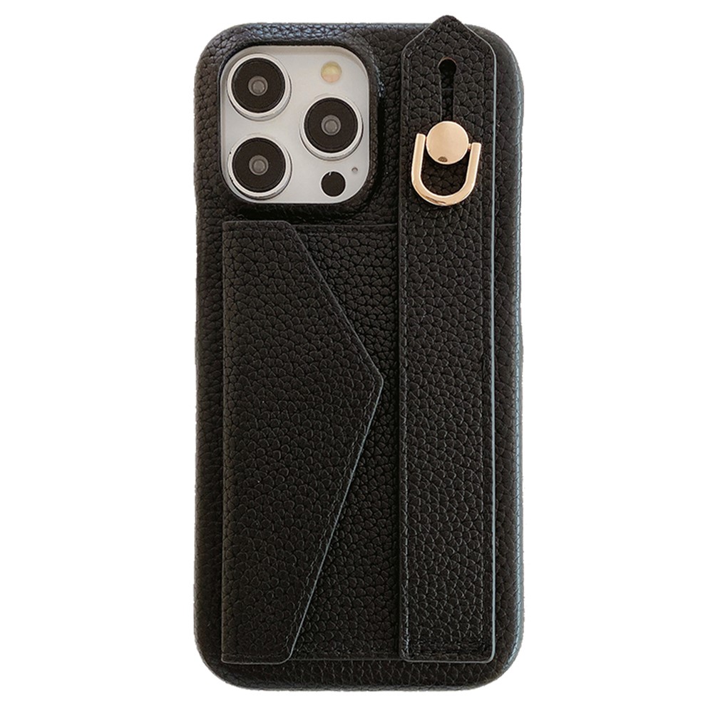 For iPhone 14 Pro Max Case with Card Slot Wristband Kickstand PU Leather+PET Phone Cover - Black