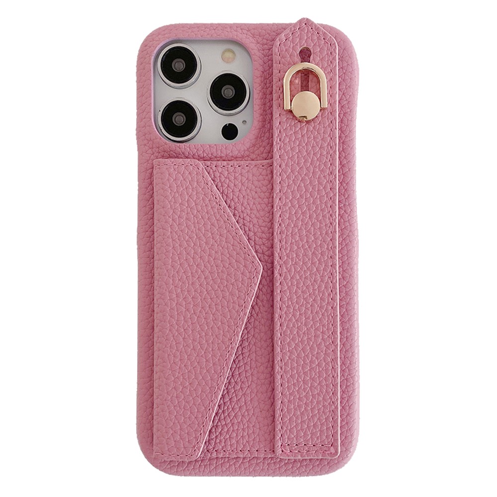 For iPhone 14 Pro Max Case with Card Slot Wristband Kickstand PU Leather+PET Phone Cover - Pink