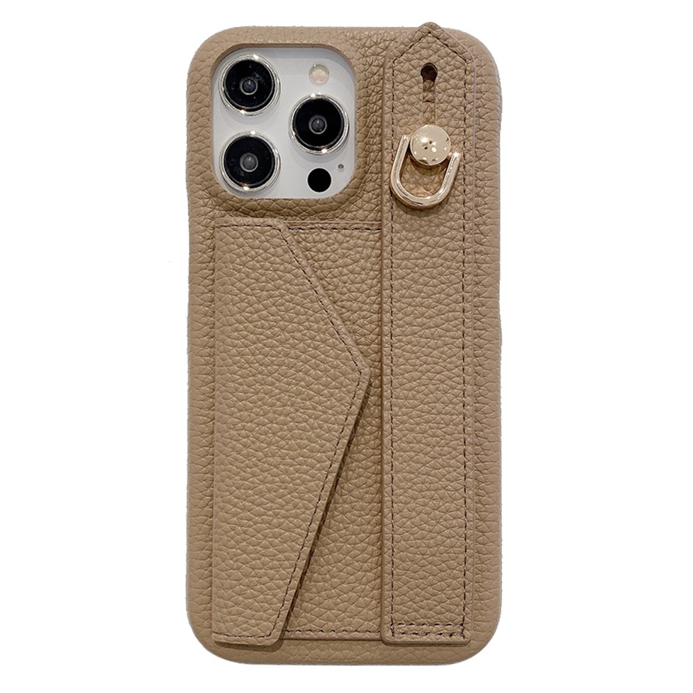 For iPhone 14 Pro Max Case with Card Slot Wristband Kickstand PU Leather+PET Phone Cover - Light Brown