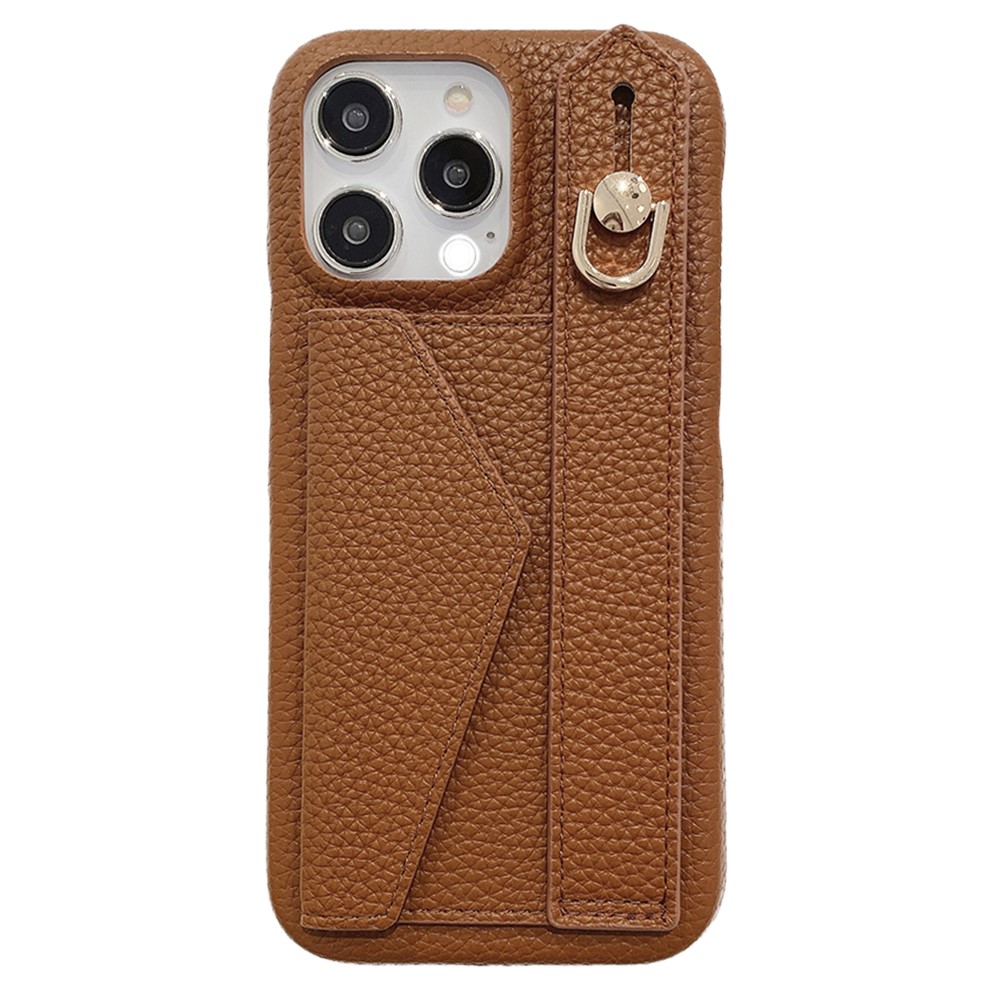 For iPhone 14 Pro Max Case with Card Slot Wristband Kickstand PU Leather+PET Phone Cover - Dark Brown