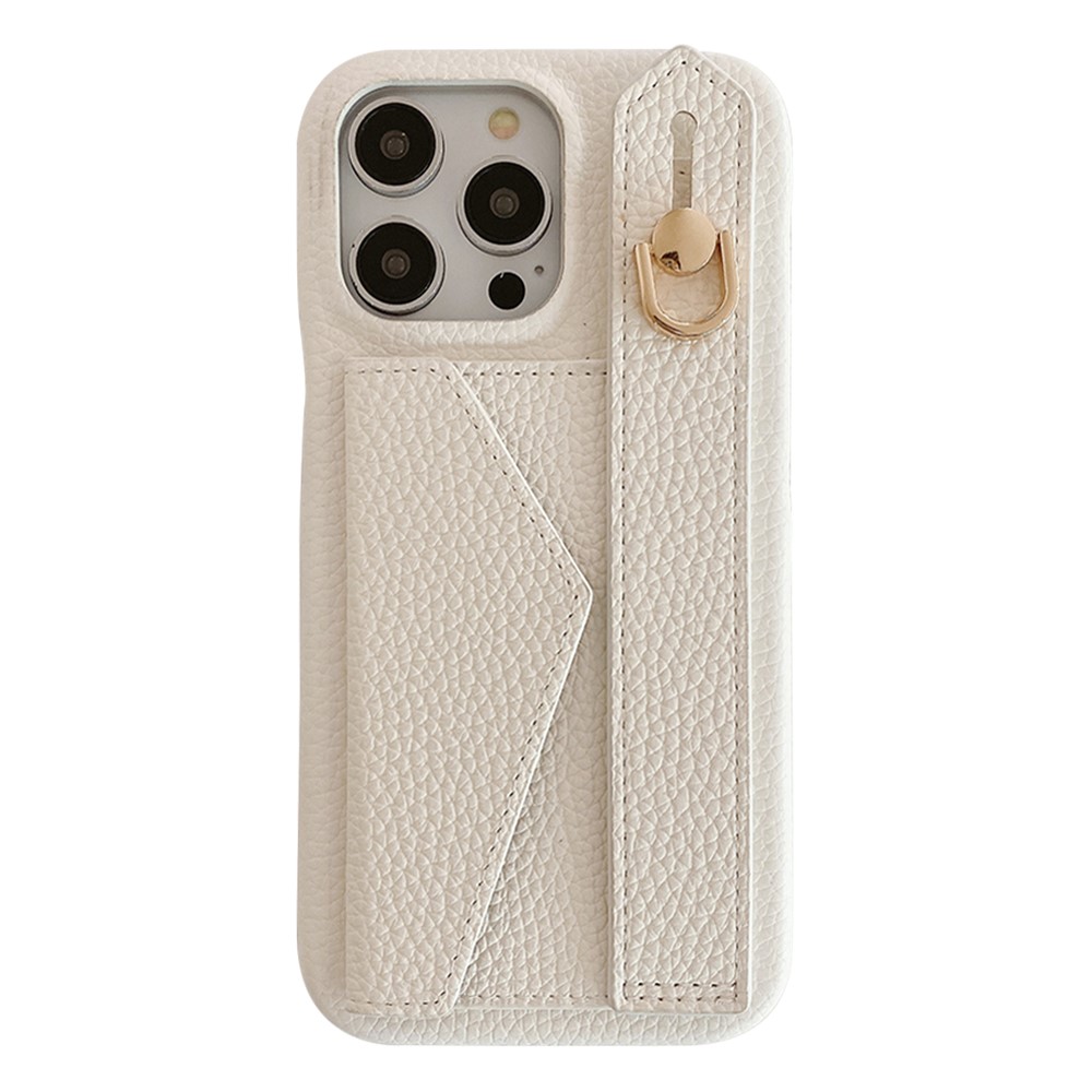 For iPhone 14 Pro Case with Card Slot Wristband Kickstand PU Leather+PET Phone Cover - White