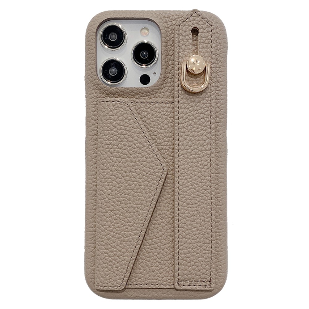 For iPhone 14 Pro Case with Card Slot Wristband Kickstand PU Leather+PET Phone Cover - Grey
