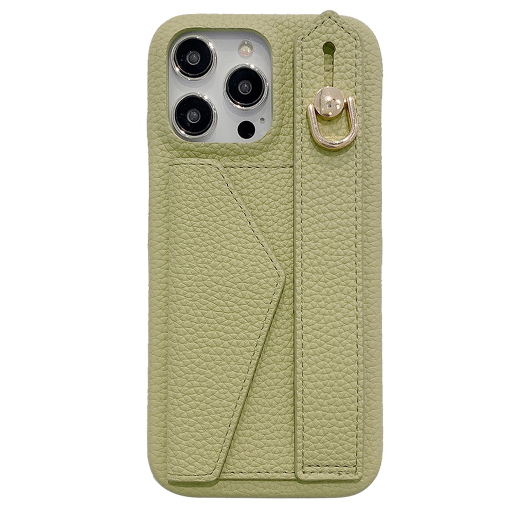For iPhone 14 Pro Case with Card Slot Wristband Kickstand PU Leather+PET Phone Cover - Green