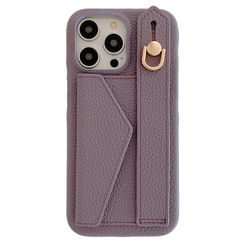 For iPhone 14 Pro Case with Card Slot Wristband Kickstand PU Leather+PET Phone Cover - Purple