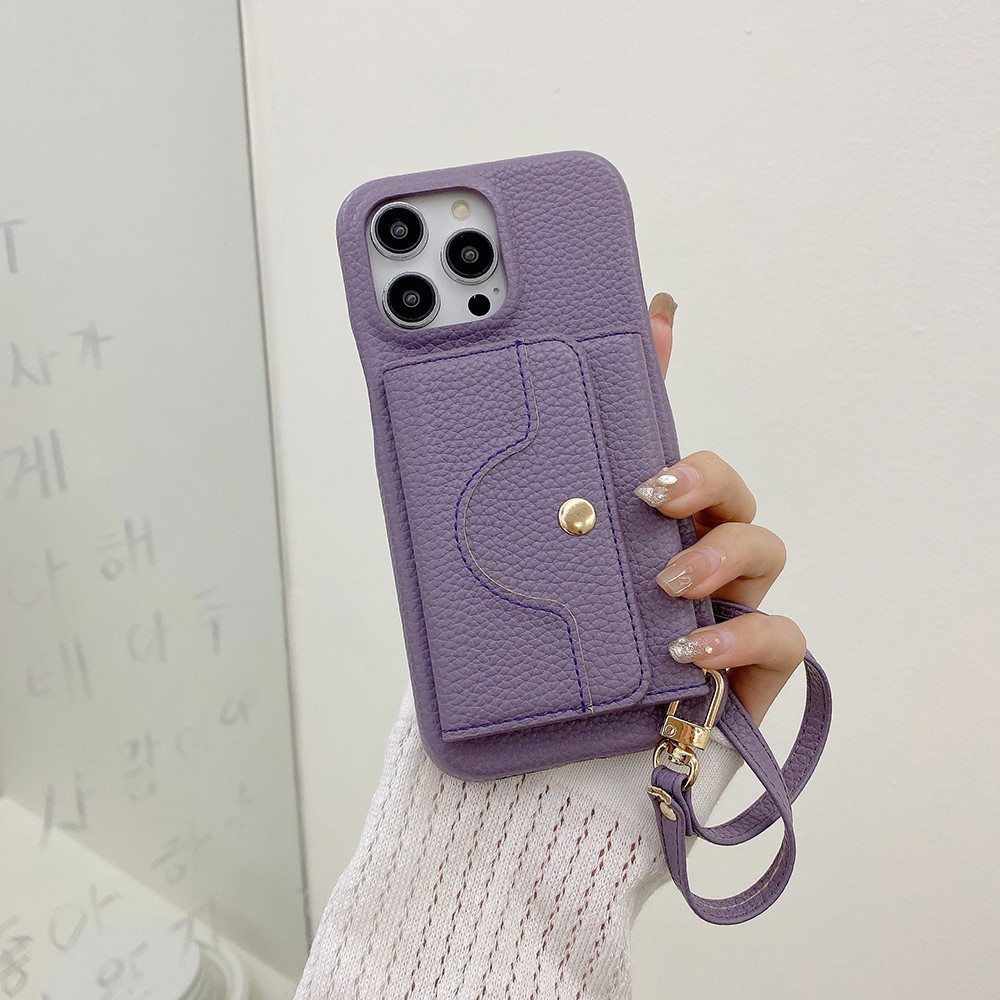 For iPhone 14 Pro Max Case Mirror Design PU Leather Back Cover with Card Slots, Wrist Strap - Purple