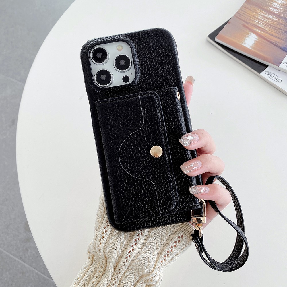 For iPhone 14 Pro Max Case Mirror Design PU Leather Back Cover with Card Slots, Wrist Strap - Black