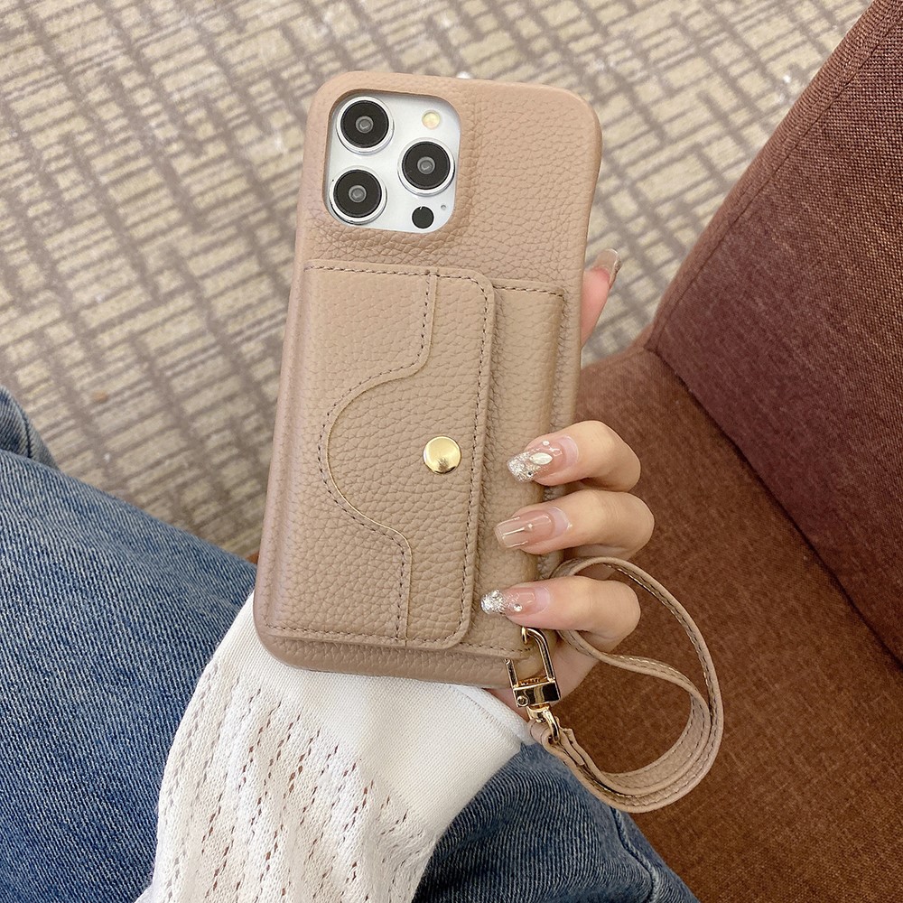For iPhone 14 Pro Case Mirror Design PU Leather Back Cover with Card Slots, Wrist Strap - Light Brown