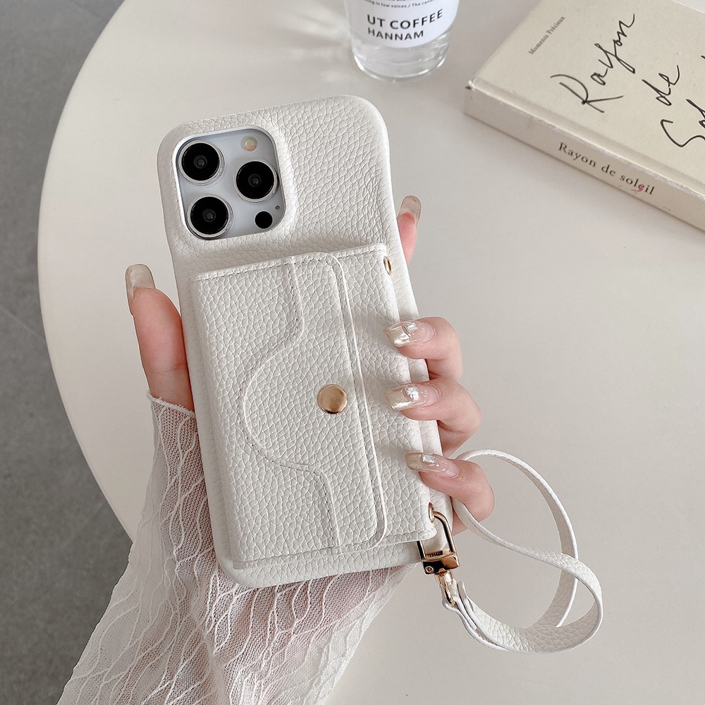 For iPhone 13 Pro Max Case Mirror Design PU Leather Back Cover with Card Slots, Wrist Strap - White