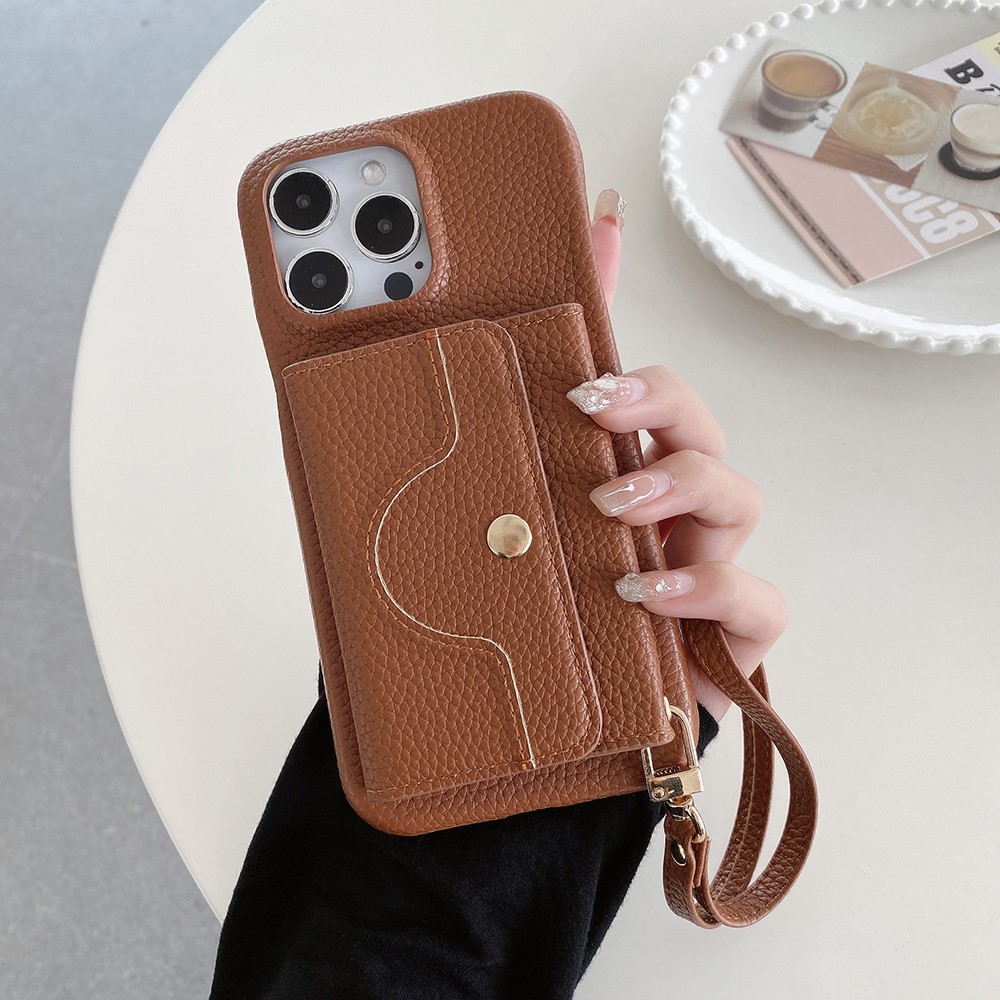 For iPhone 13 Pro Case Mirror Design PU Leather Back Cover with Card Slots, Wrist Strap - Dark Brown