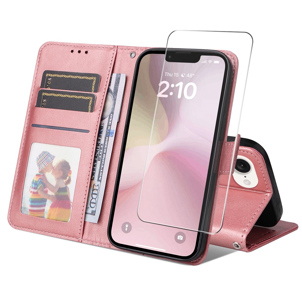 For iPhone 16e PU Leather Wallet Case ENKAY HAT PRINCE Phone Stand Cover with Tempered Glass - Pink