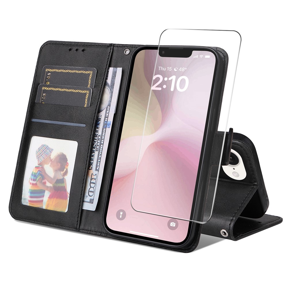 For iPhone 16e PU Leather Wallet Case ENKAY HAT PRINCE Phone Stand Cover with Tempered Glass - Black