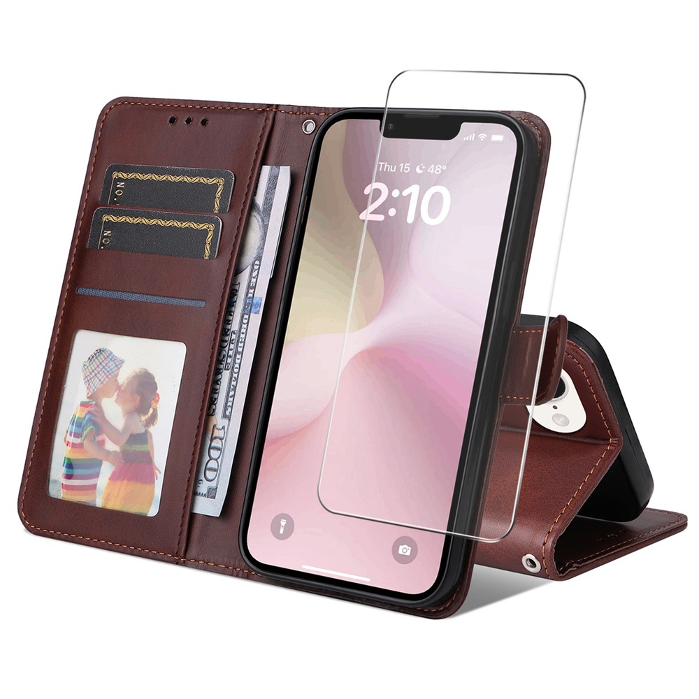For iPhone 16e PU Leather Wallet Case ENKAY HAT PRINCE Phone Stand Cover with Tempered Glass - Brown