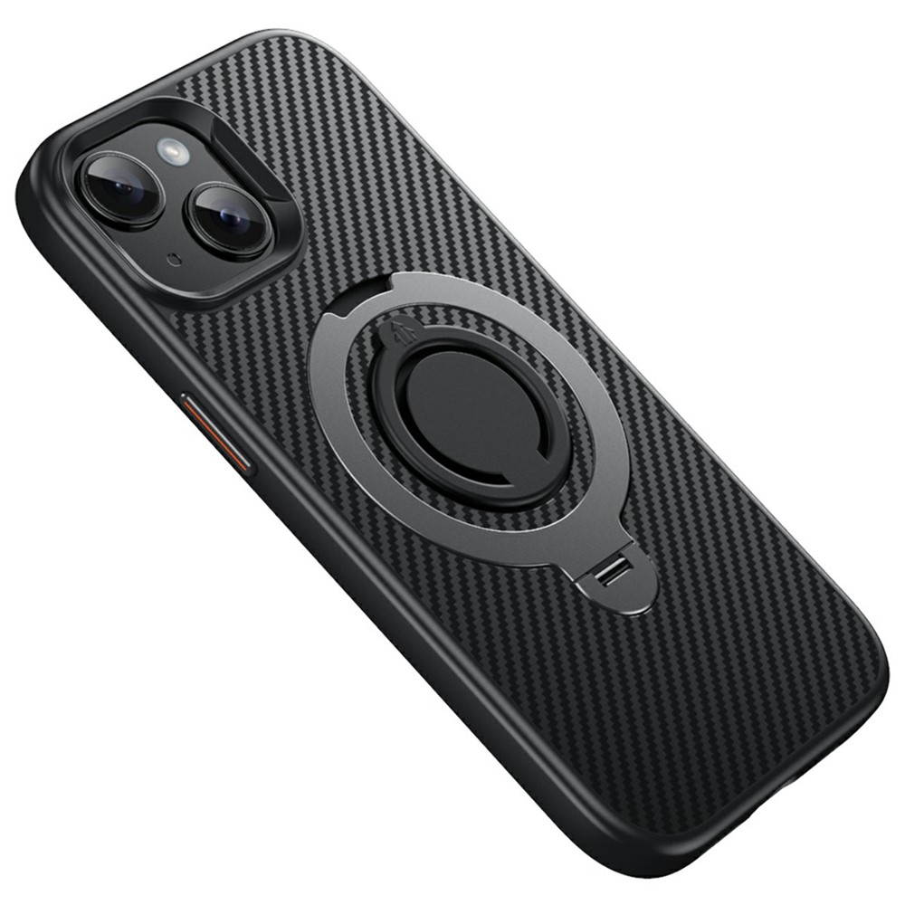 For iPhone 14 Case Compatible with MagSafe Kickstand Carbon Fiber Texture PC + TPU Back Cover with Silicone Ring - Grey