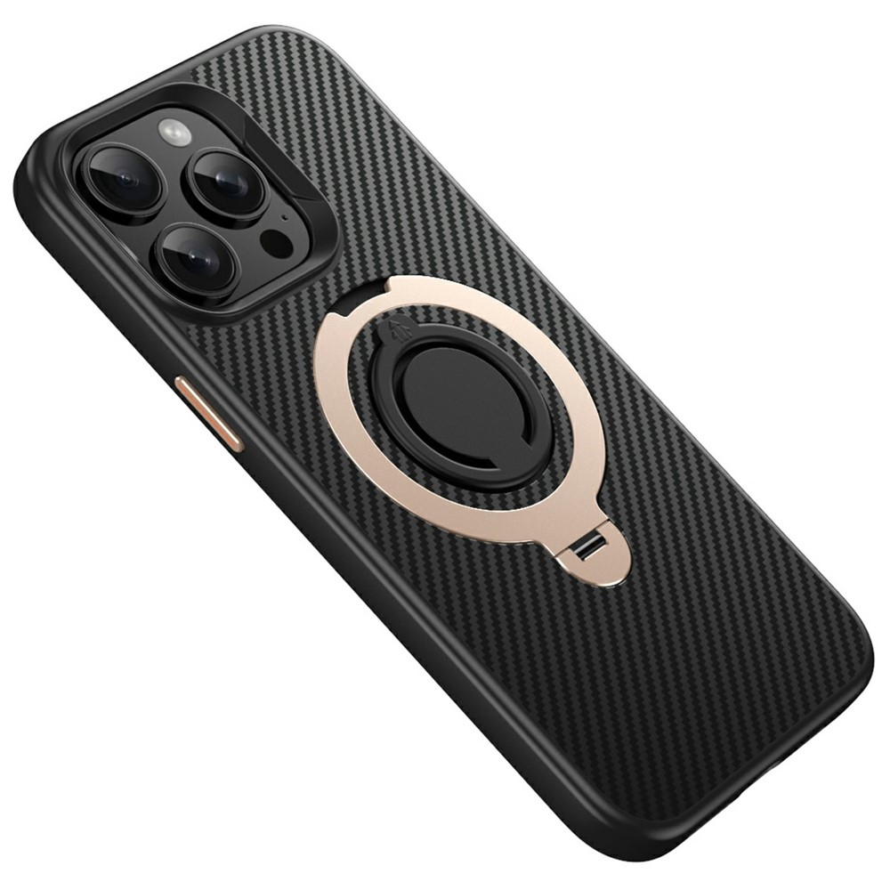 For iPhone 14 Pro Max MagSafe Case 360° Rotating Ring Holder Carbon Fiber Pattern Slim Protection - Gold