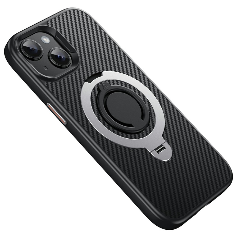 For iPhone 15 Case Compatible with MagSafe Kickstand Carbon Fiber Texture PC + TPU Back Cover with Silicone Ring - Silver