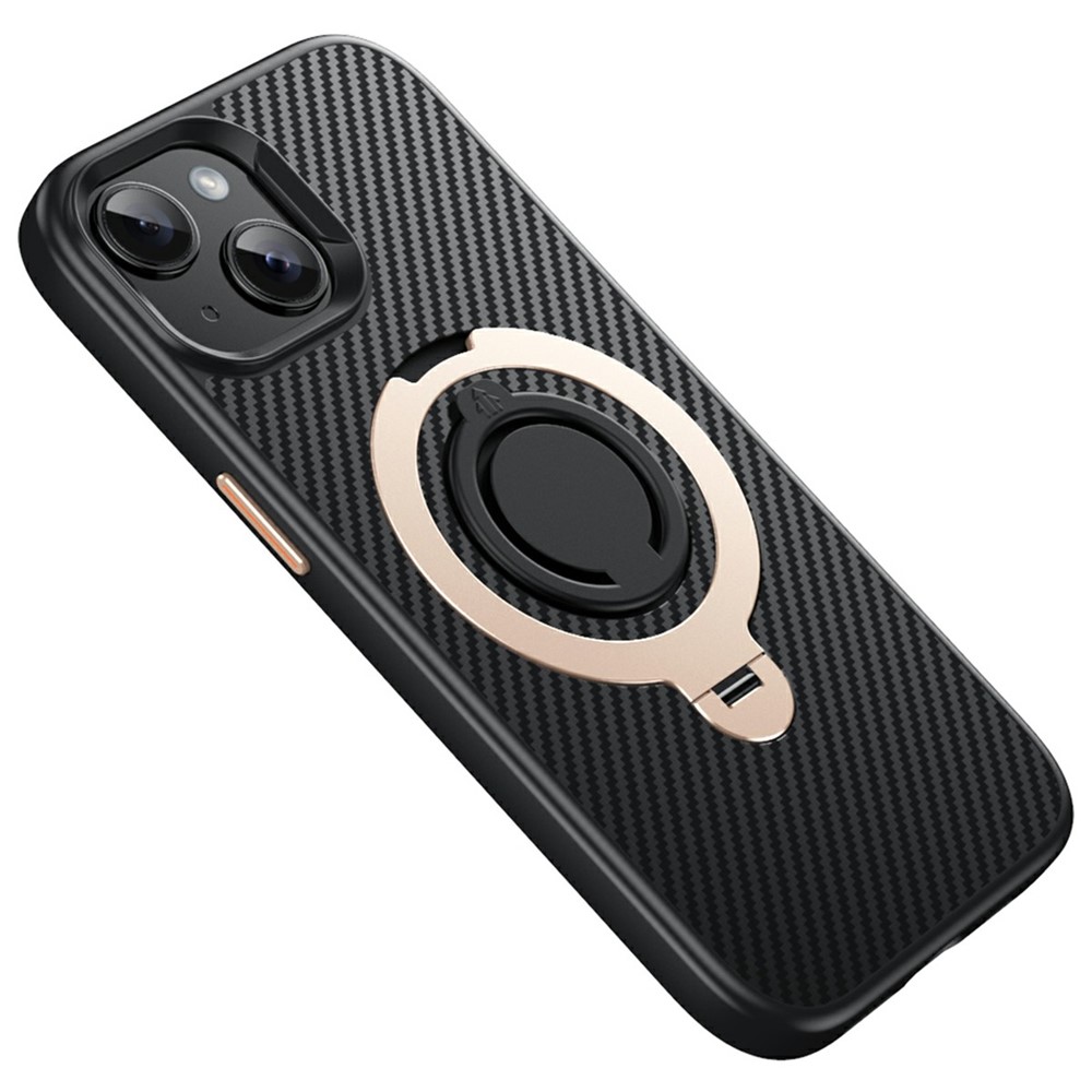 For iPhone 15 Case Compatible with MagSafe Kickstand Carbon Fiber Texture PC + TPU Back Cover with Silicone Ring - Gold