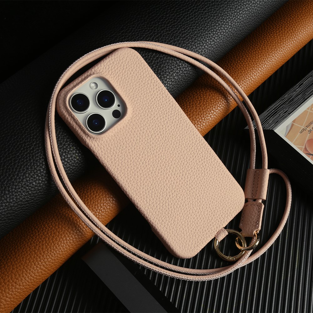 For iPhone 14 Pro Max Case With Lanyard Genuine Cow Leather PC Phone Back Cover - Pink
